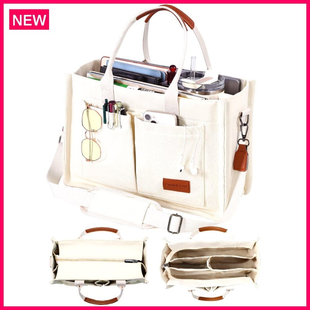 Canvas Tote Bag With Zipper Closure, Multiple Compartments For Work Or Travel